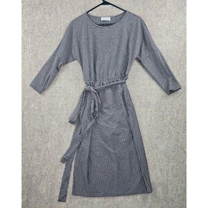 Ces Femme Womens Striped Gray Midi Belted Small Dress Cotton Blend Stretch